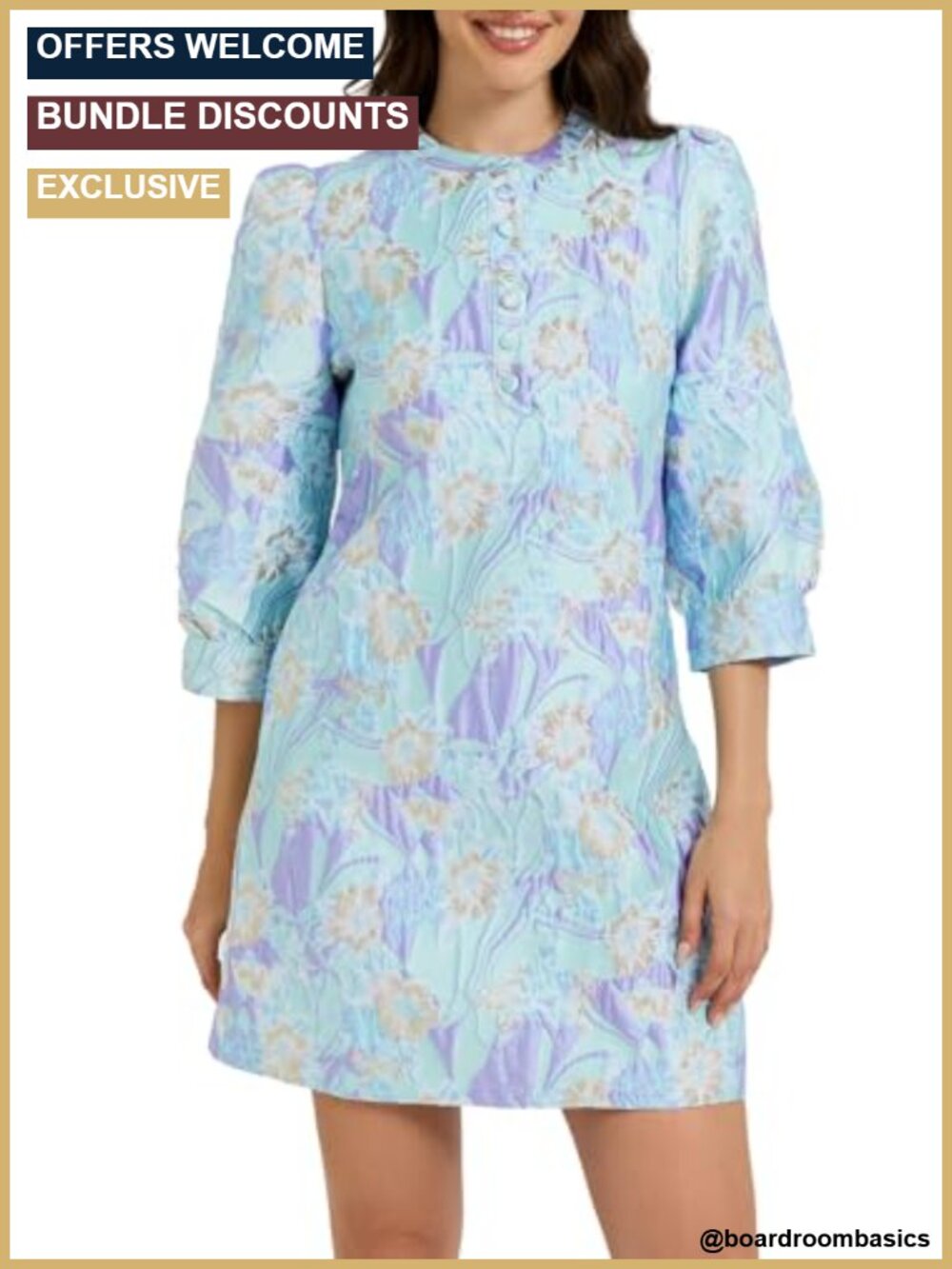 Floral Jacquard Mini Shift Dress Balloon Sleeve Cocktail